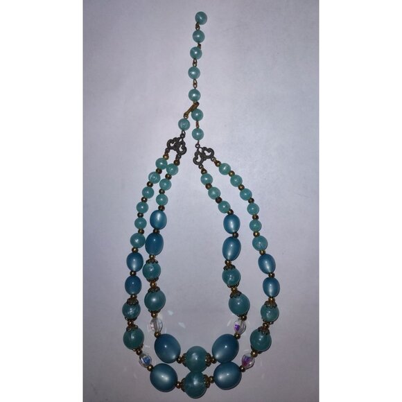 Vintage Necklace Double Strand Blue Turquoise Plastic Beads 14" multi chunky - Picture 2 of 9